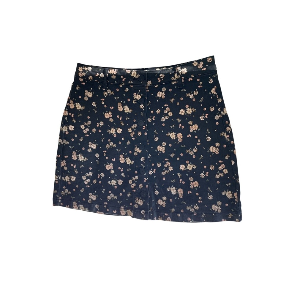 Womens M Ditsy Floral Denim Mini Skirt Snap Front Black Y2K Coquette Cottagecore